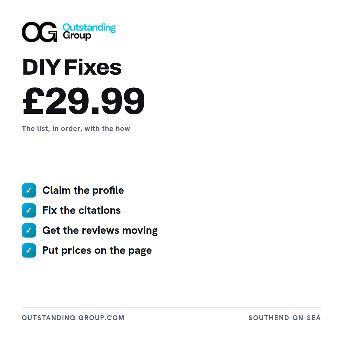 Product card for DIY Fixes, £29.99 — the fault list written as jobs to do yourself, shown as a checklist.