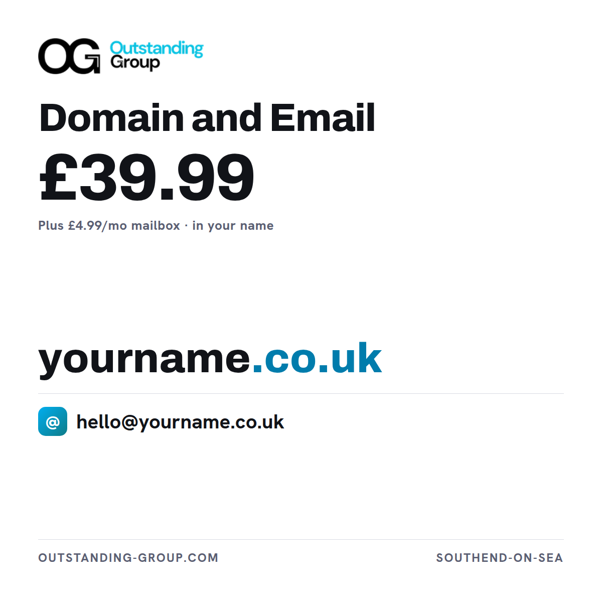 Product card for Domain and Email, £39.99 — a domain and matching mailbox registered in the customer’s own name.