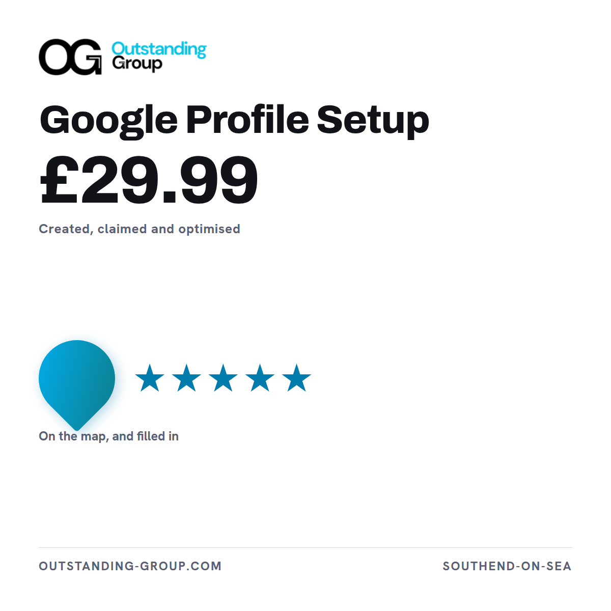 Product card for Google Profile Setup, £29.99 — a Google Business Profile created, claimed and optimised, shown as a map pin.
