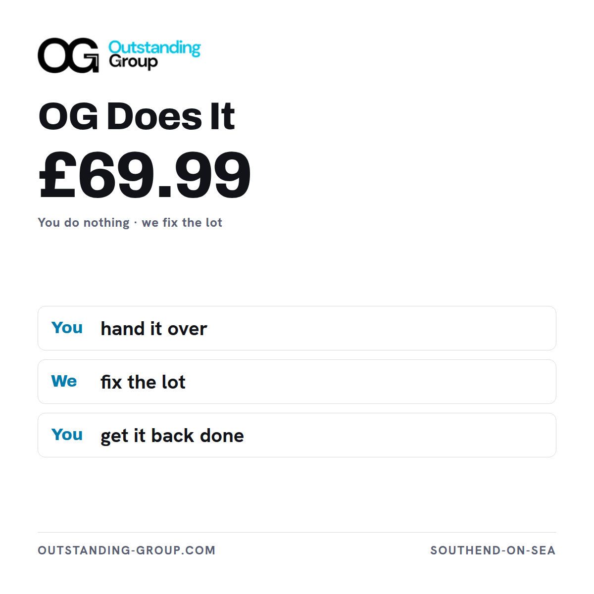 Product card for OG Does It, £69.99 — every fault fixed by Outstanding Group rather than by the customer.