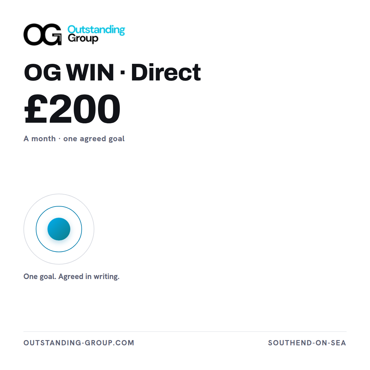 Product card for OG WIN Direct, £200 a month — one agreed business goal, executed and reported on monthly.