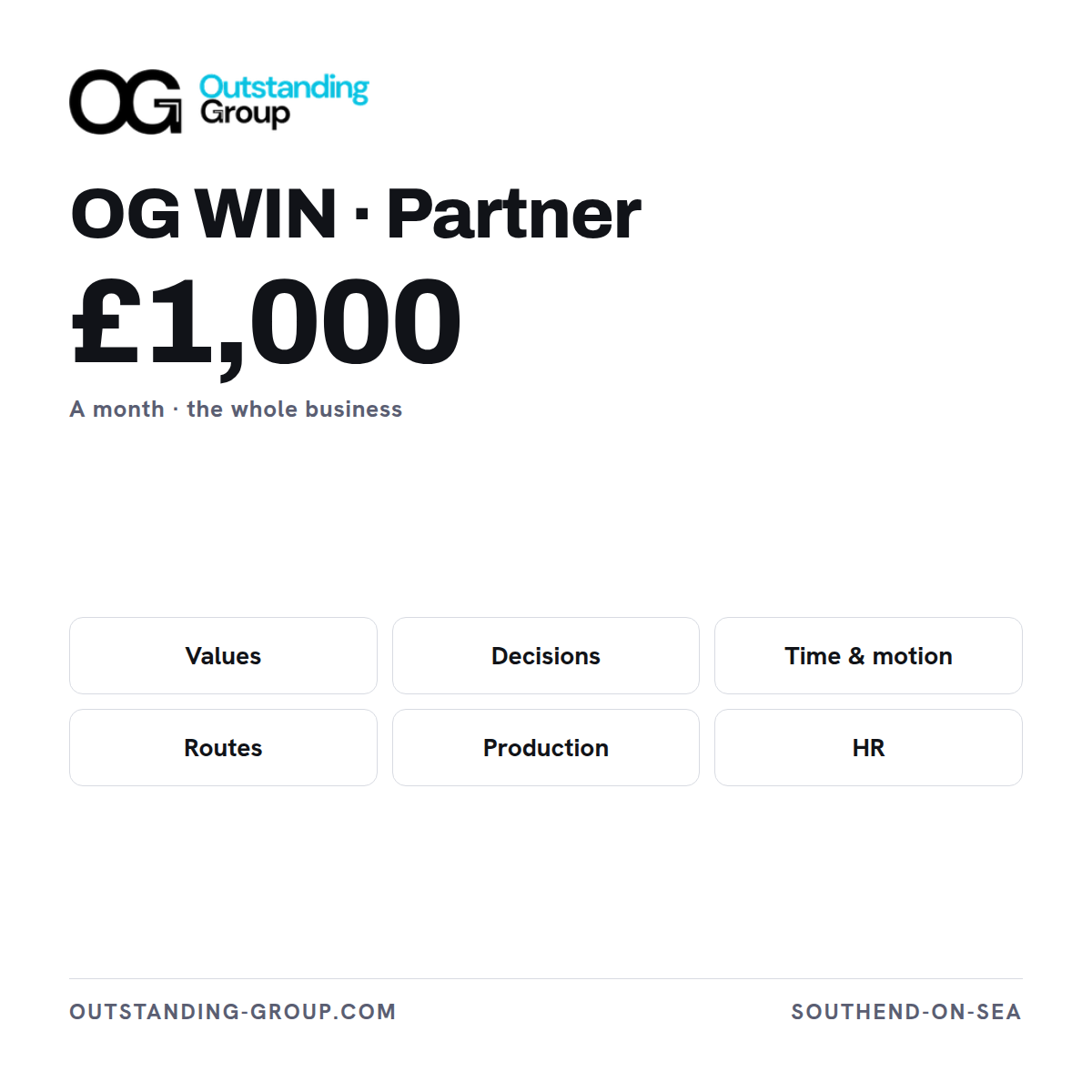Product card for OG WIN Partner, £1,000 a month — the whole business, on-site and off-site, with Sarah and Andy.